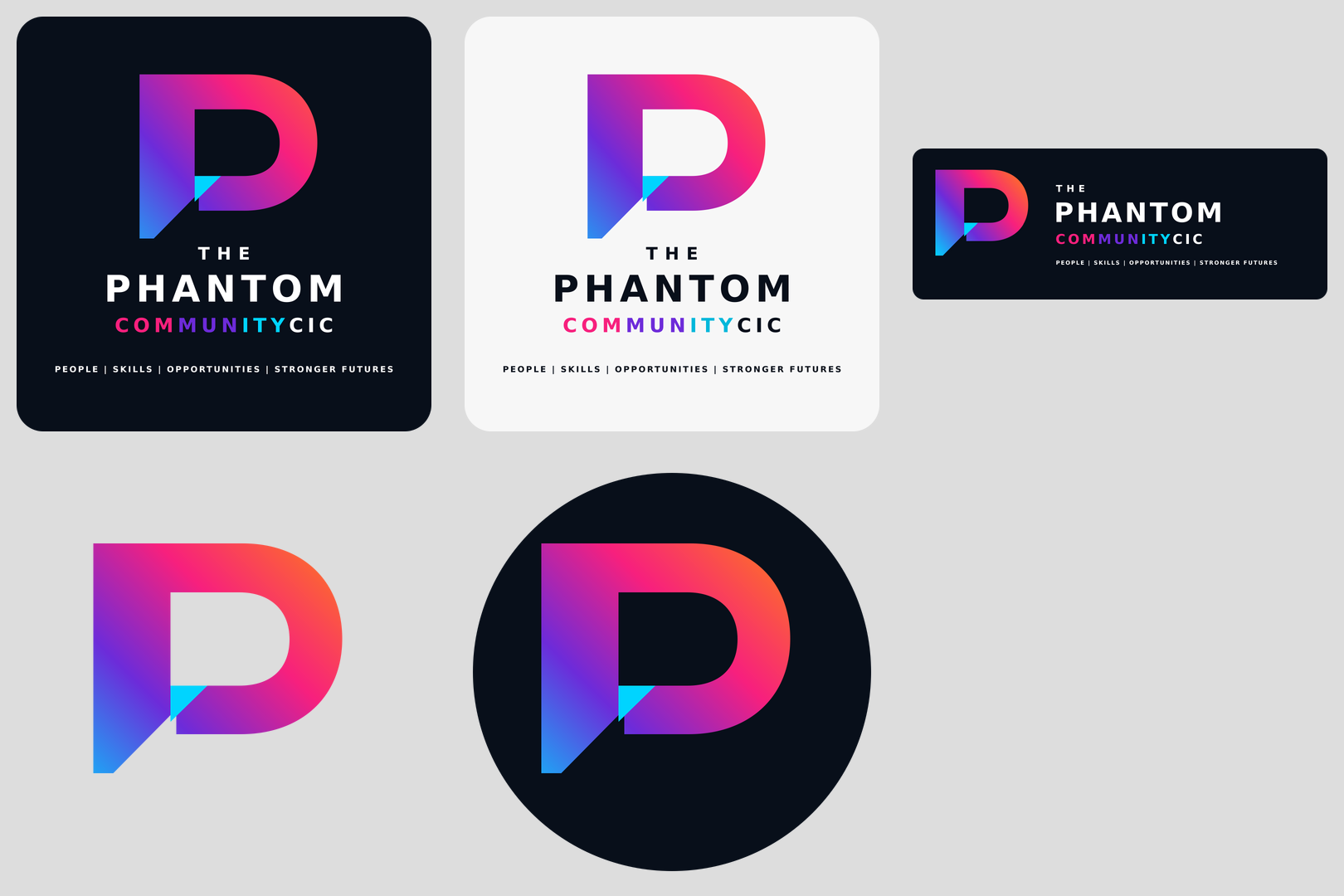 The Phantom Community CIC logo pack showing dark, light, horizontal and icon variations